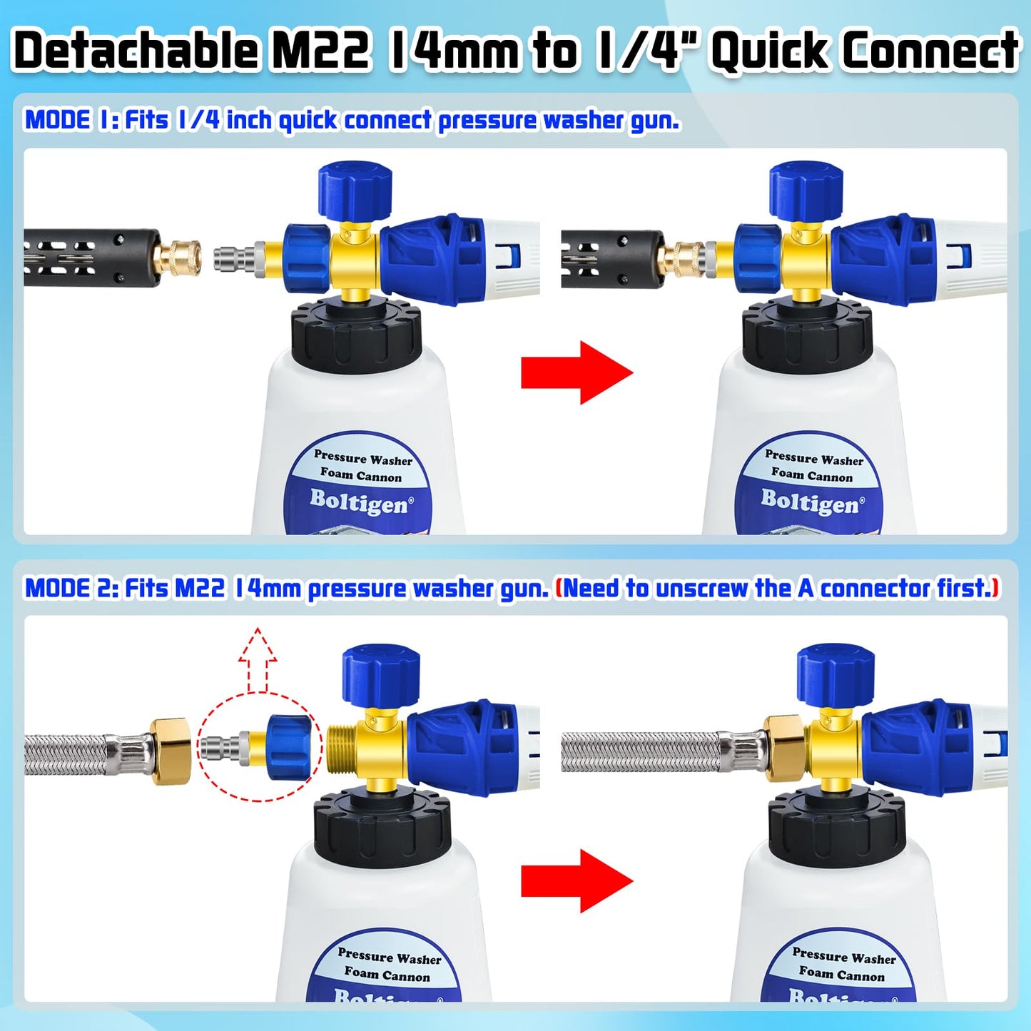 Canon à mousse pour nettoyeur haute pression avec outil à double connecteur, pulvérisateur de lavage à Jet de lance à mousse pour nettoyeur haute pression avec M22-14 et connexion rapide de 1/4 pouces