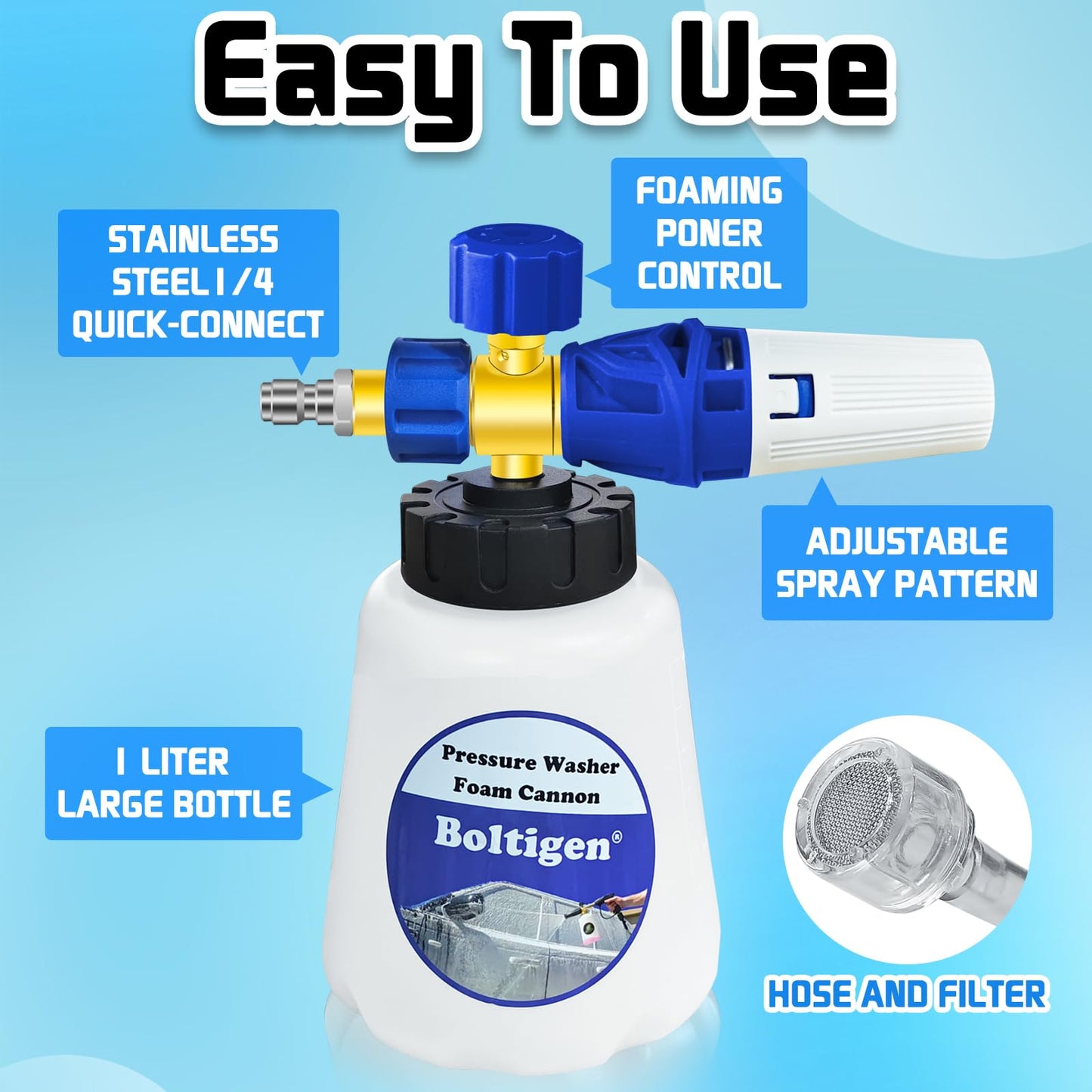 Canon à mousse pour nettoyeur haute pression avec outil à double connecteur, pulvérisateur de lavage à Jet de lance à mousse pour nettoyeur haute pression avec M22-14 et connexion rapide de 1/4 pouces