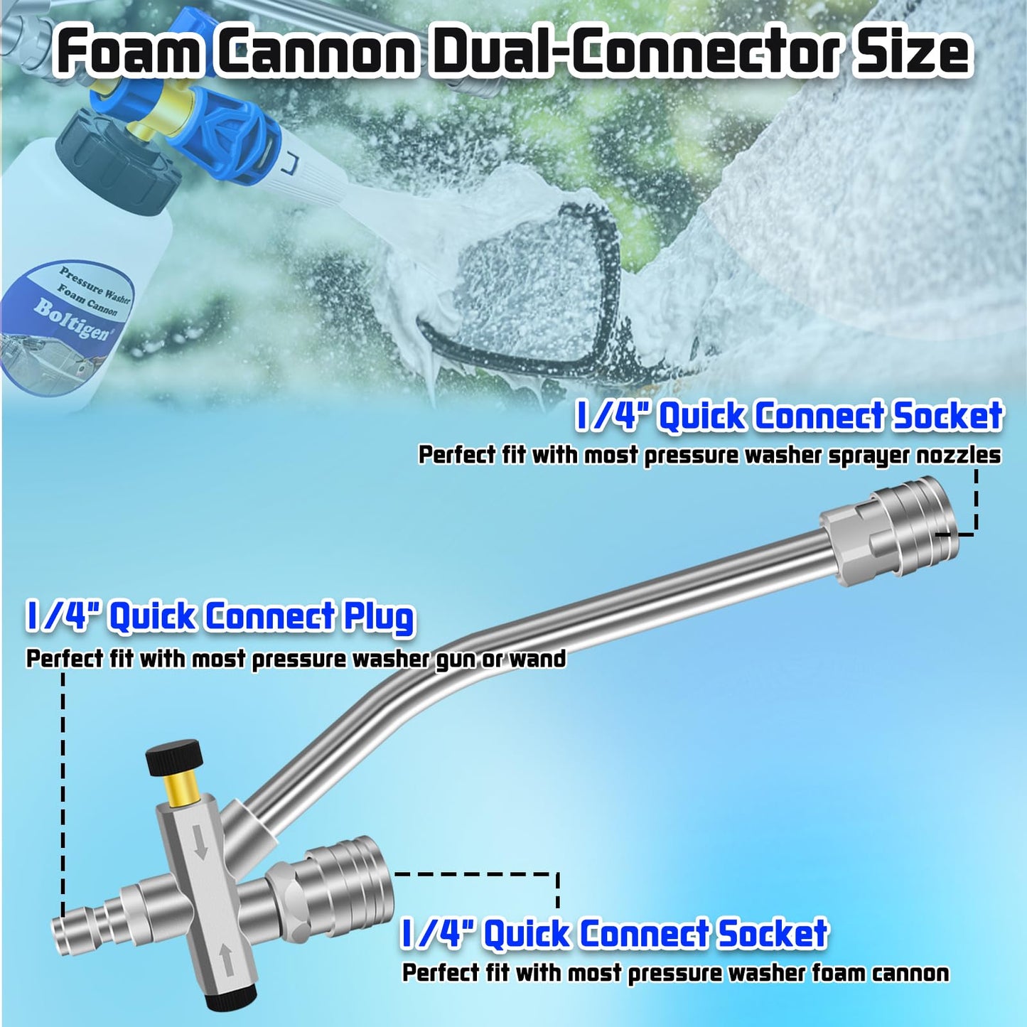 Canon à mousse pour nettoyeur haute pression avec outil à double connecteur, pulvérisateur de lavage à Jet de lance à mousse pour nettoyeur haute pression avec M22-14 et connexion rapide de 1/4 pouces