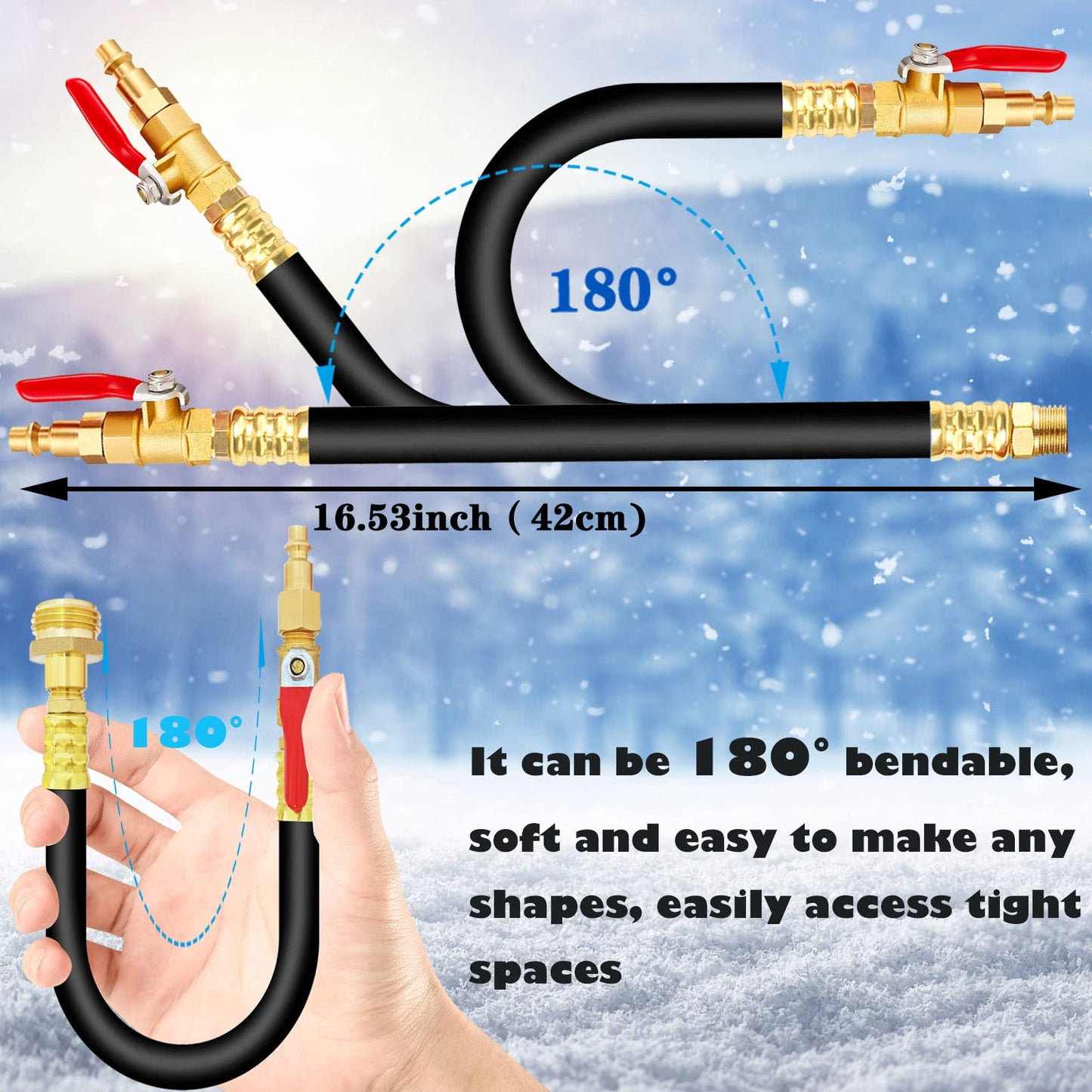 This RV winterize blowout adapter is made of heavy duty brass with withstand high temperature, sturdy and corrosion resistant. The hose is made of synthetic rubber, with excellent heat, cold and aging resistance that can be bent 180° into narrow spaces without knotting.