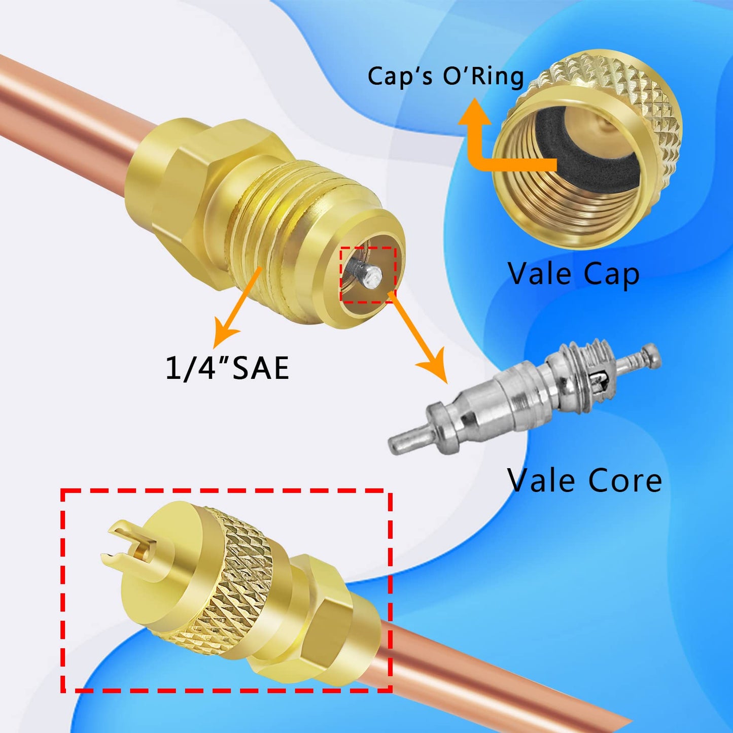 Vanne de Service d'accès 30 pièces, vannes d'accès de remplissage en laiton et cuivre, noyau de tige 1/4 ''SAE x 1/4'' OD x 3.54'' 