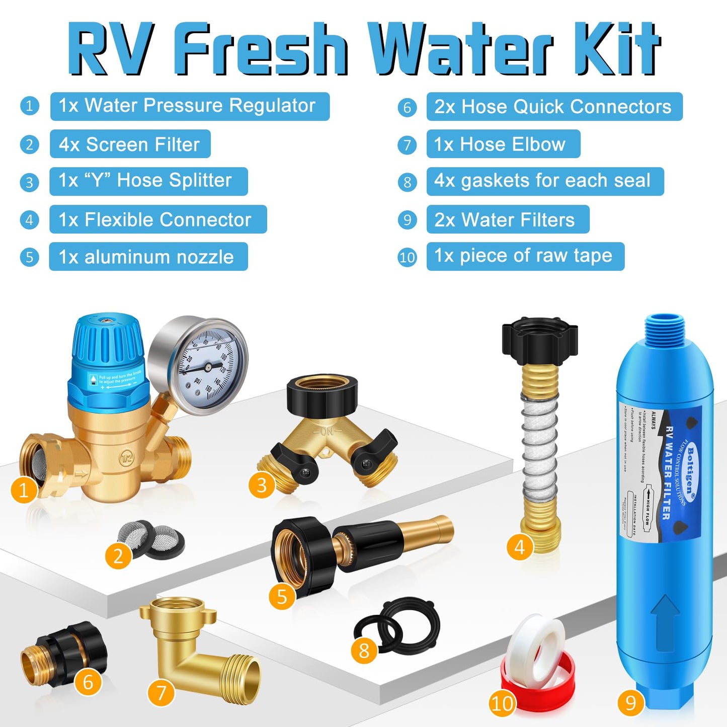 Kit regulador de presión de agua Boltigen RV, kit de manguera de agua dulce RV con filtro de agua en línea 