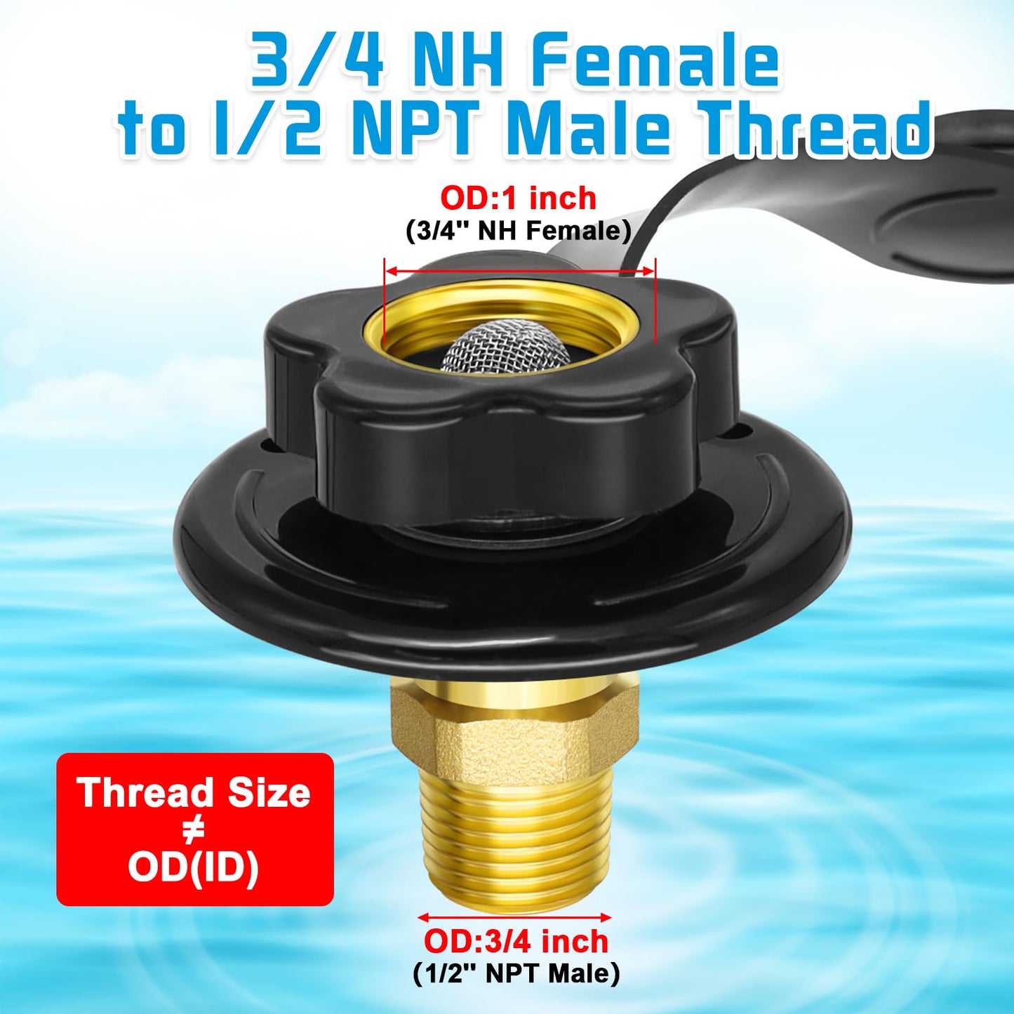 Entrada de agua dulce Boltigen RV, entrada de llenado de agua RV con válvula de retención, conector de manguera de agua RV hembra 3/4 NH a macho 1/2 NPT RV 