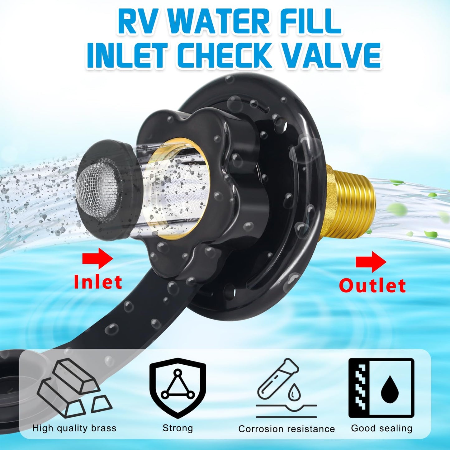 Entrada de agua dulce Boltigen RV, entrada de llenado de agua RV con válvula de retención, conector de manguera de agua RV hembra 3/4 NH a macho 1/2 NPT RV 