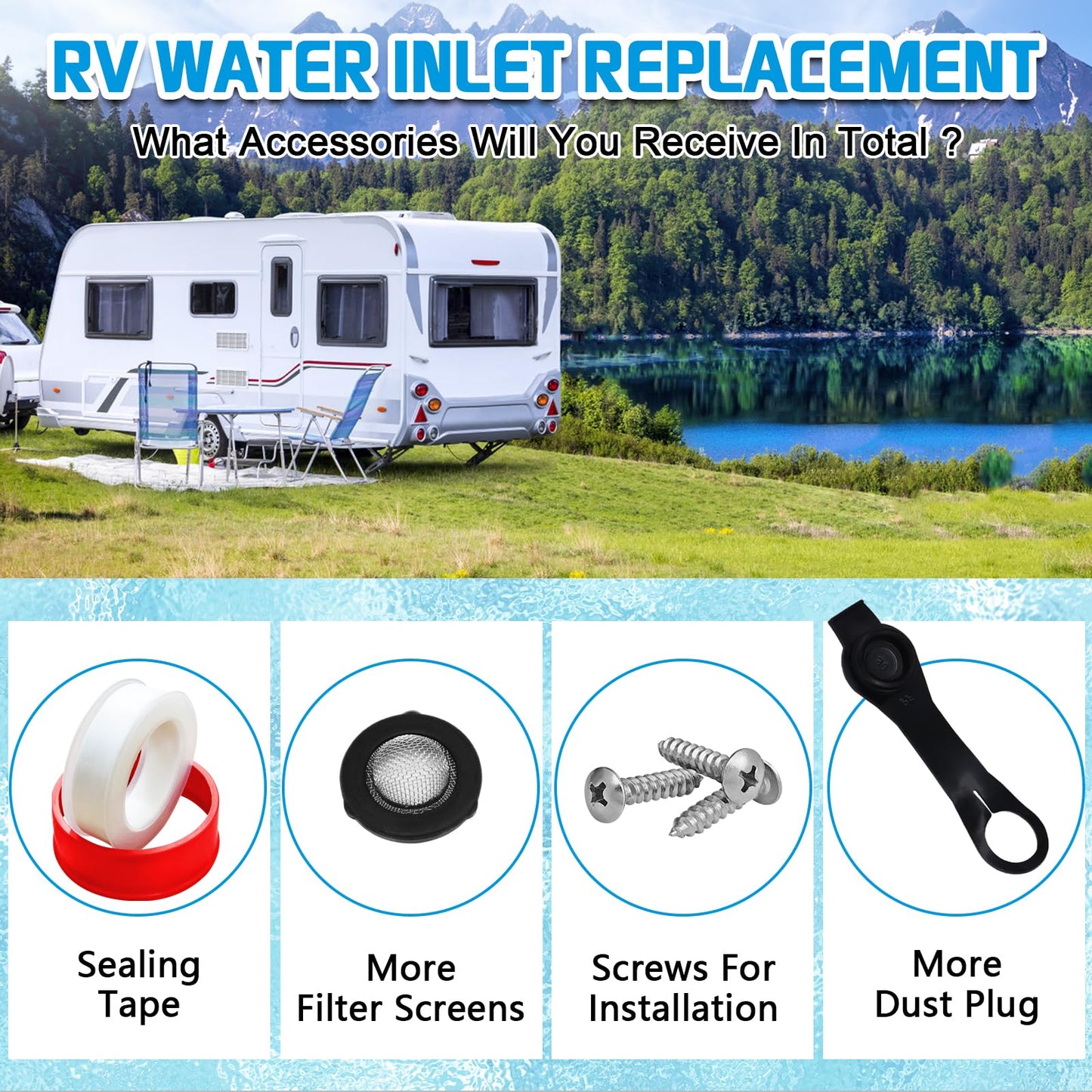 Entrada de agua dulce Boltigen RV, entrada de llenado de agua RV con válvula de retención, conector de manguera de agua RV hembra 3/4 NH a macho 1/2 NPT RV 