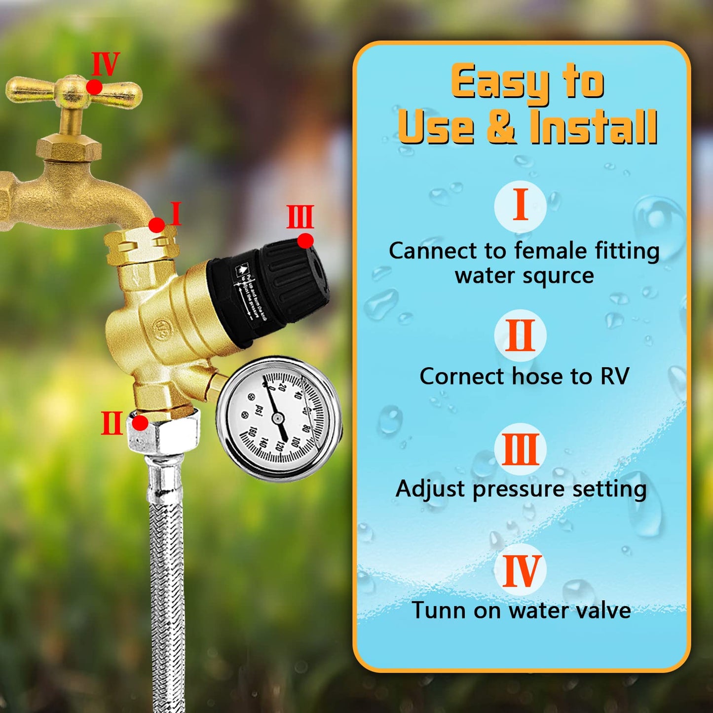 RV Water Pressure Regulator with Gauge