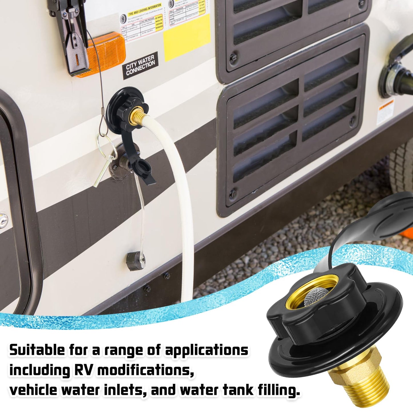 Entrada de agua dulce Boltigen RV, entrada de llenado de agua RV con válvula de retención, conector de manguera de agua RV hembra 3/4 NH a macho 1/2 NPT RV 