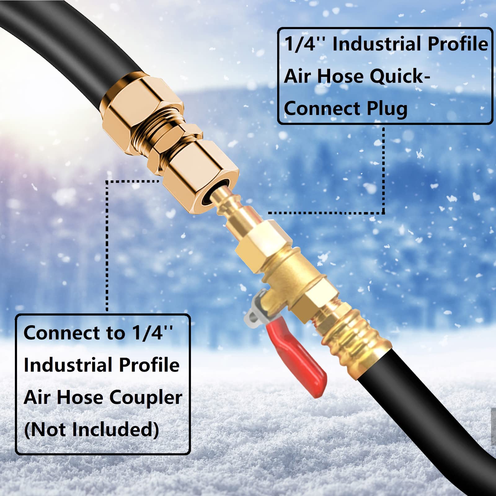 This winterize Sprinkler is equipped with 1/4‘’ to 3/4‘’ male & female quick connect fitting plug