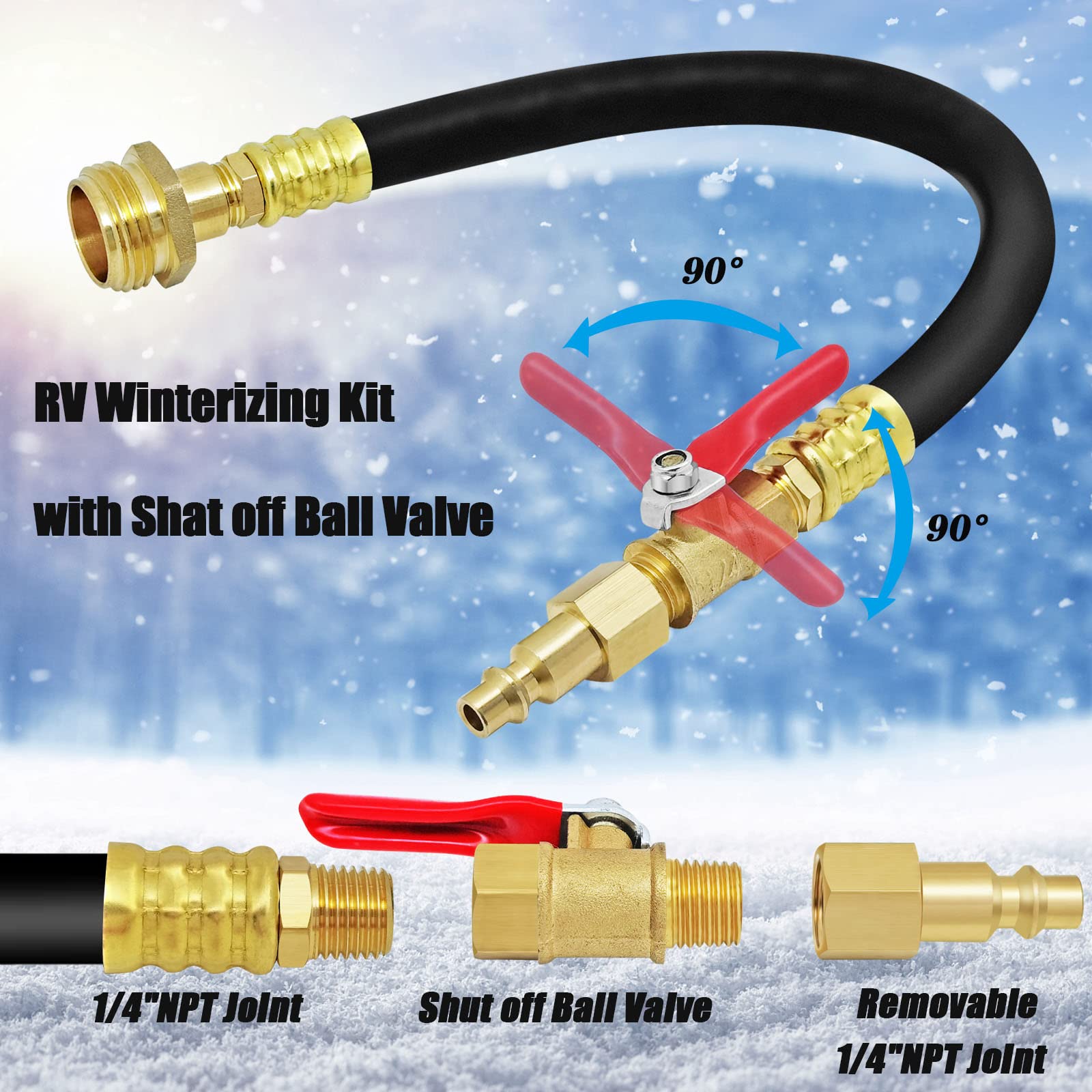 This RV winterize blowout adapter is made of heavy duty brass with withstand high temperature, sturdy and corrosion resistant. The hose is made of synthetic rubber, with excellent heat, cold and aging resistance that can be bent 180° into narrow spaces without knotting.