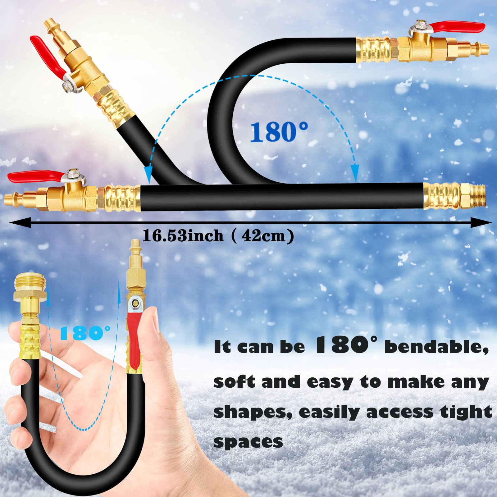 This RV winterize blowout adapter is made of heavy duty brass with withstand high temperature, sturdy and corrosion resistant. The hose is made of synthetic rubber, with excellent heat, cold and aging resistance that can be bent 180° into narrow spaces without knotting.